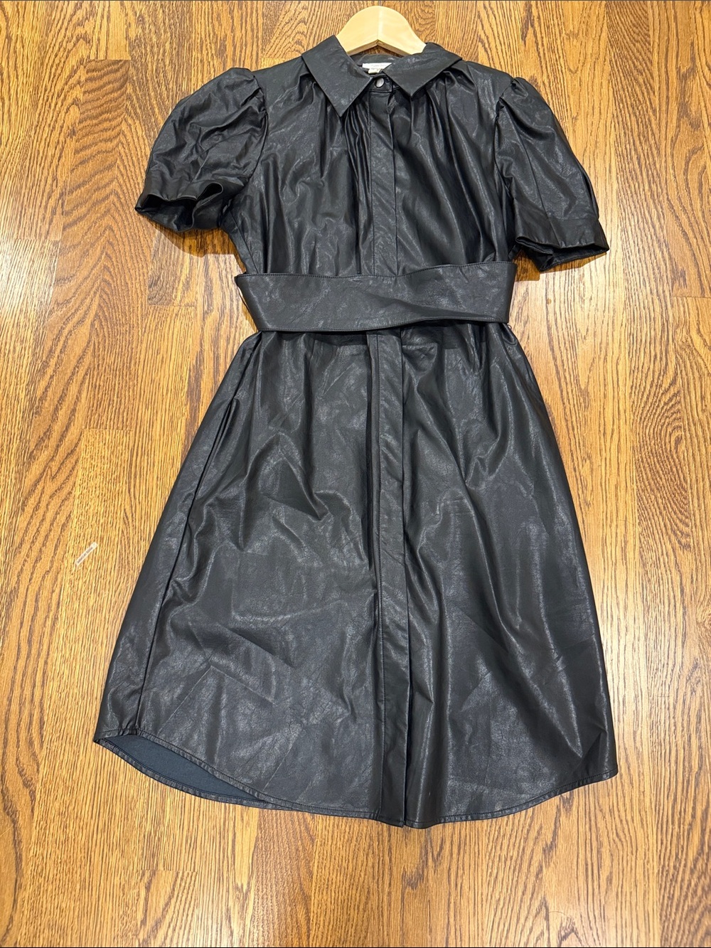 Tyler Boe Black Puff-Sleeve Faux Leather Shirt Dress with Belt